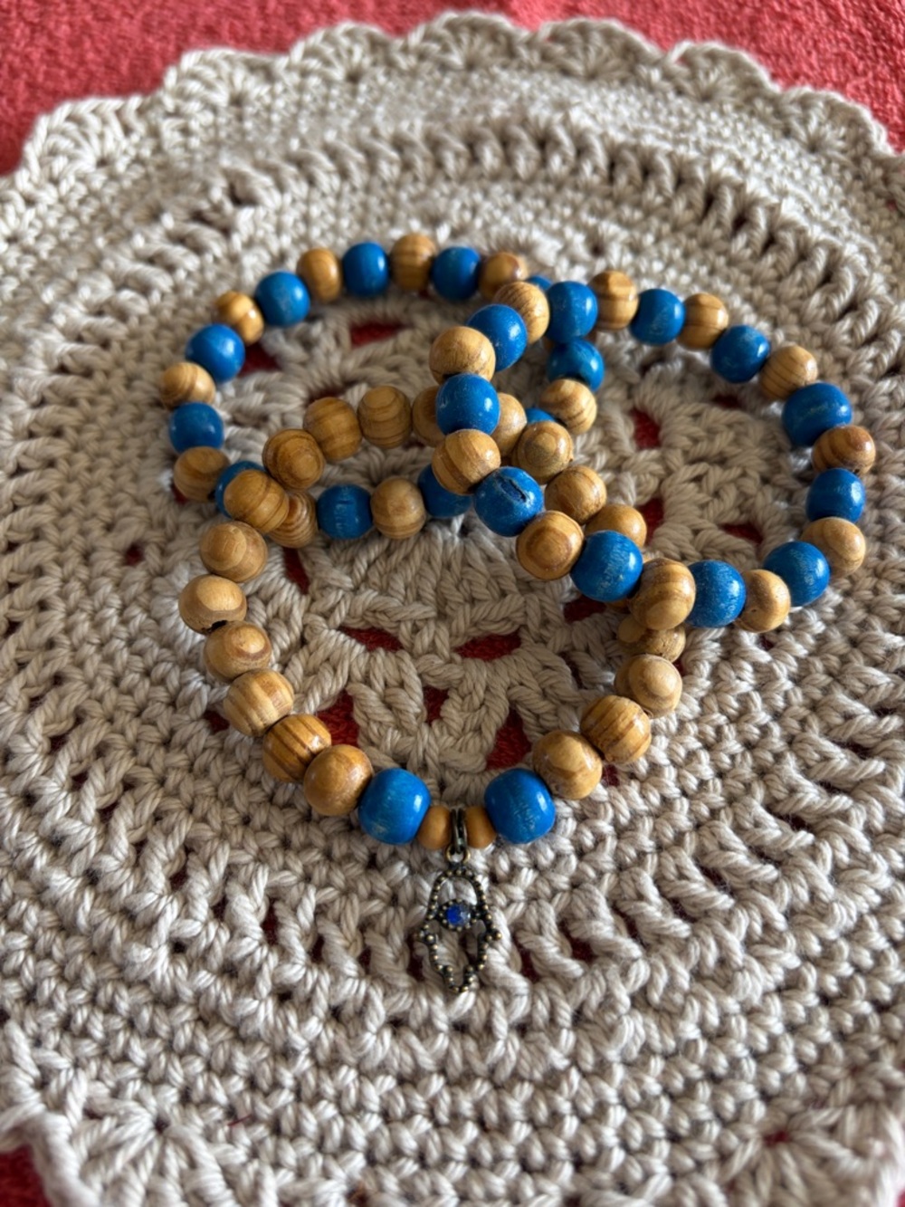 Blue and Natural Wood Bead Bracelet Set with Decorative Charm